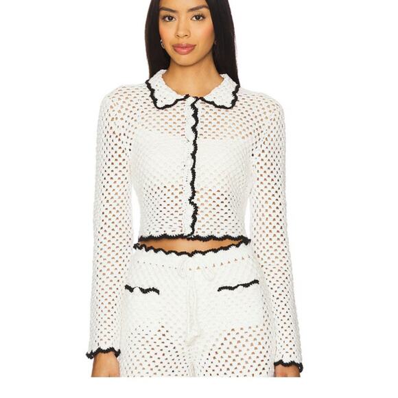 STONE COLD FOX Peter Pan collared crochet Button Down Knit Shirt Coquette Retro - Picture 1 of 8
